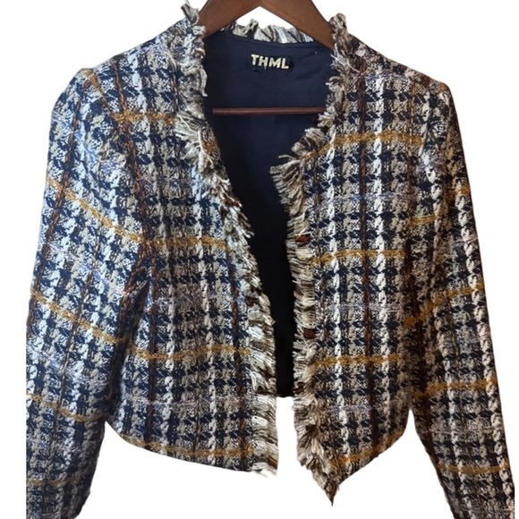 Tweed THML Blazer Houndstooth Jacket Women's Fringed Trim Career Wear Sz Small - Picture 1 of 5